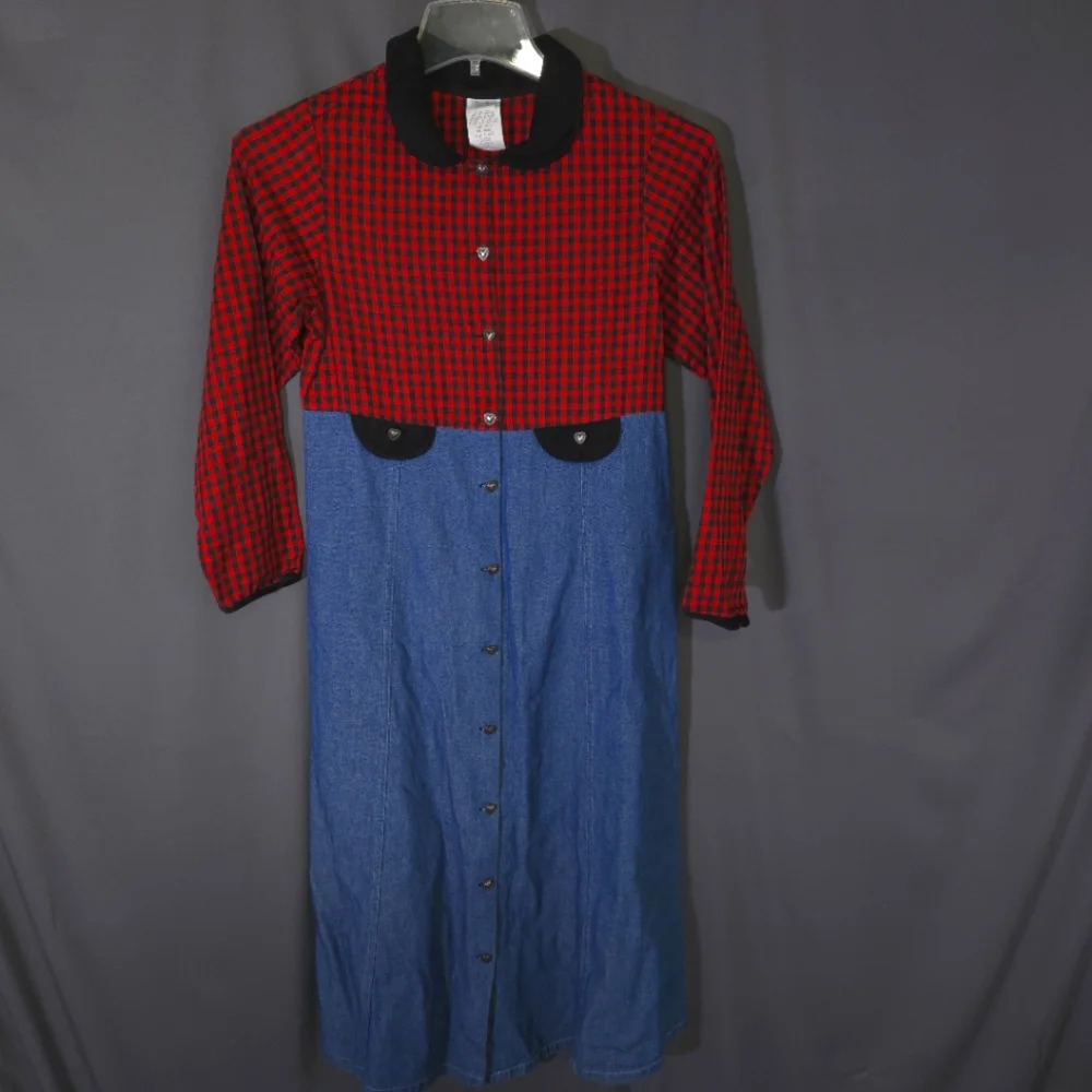 Vtg Peaches 'N Cream Dress Size 16‎ Buffalo Plaid Denim Corduroy Hearts 80s 90s